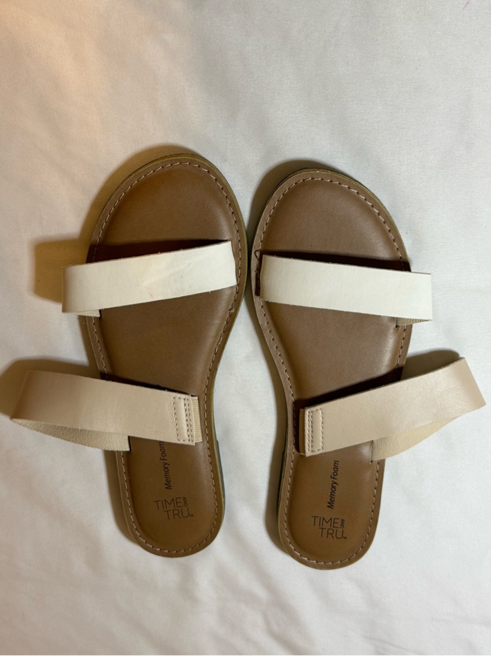 Time and Tru Brown Footbed Slide Sandals with Cream Straps